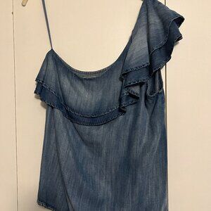 One Shoulder Ruffle Chambray Top- Bella Dahl, Size M, Blue